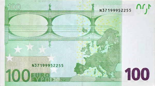 100 euron setelin takaosa lähikuva pienine vihreine yksityiskohtineen — kuvapankkivalokuva
