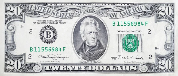 Retrato do presidente norte-americano Andrew Jackson sobre fragmento macro de fecho de notas de 20 dólares — Fotografia de Stock