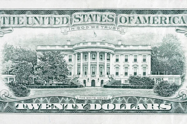 US 20 dollars banknote with white house closeup macro bill fragment — 스톡 사진