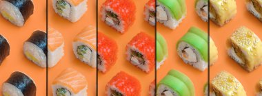 Turuncu arka planda farklı Asya suşi çeşitleri olan kolaj. Minimalizm üst görünüm düz Japon yemekleri ile yatıyordu