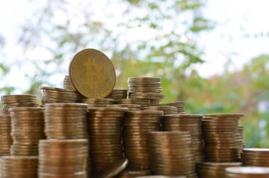 Bulanık yeşil ağaçların arka planında büyük miktarda bitcoin yığını. Kripto para ticareti kavramı
