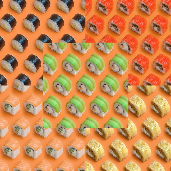 Kolaż z różnymi rodzajami azjatyckich bułek sushi na pomarańczowym tle. Minimalizm top view płaski świecki wzór z japońskim jedzeniem — Zdjęcie stockowe