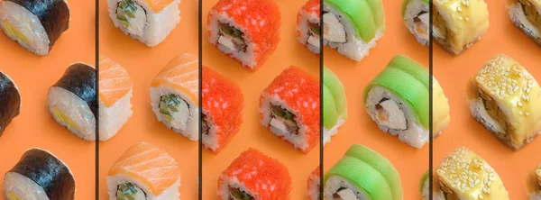 Colagem com diferentes tipos de rolos de sushi asiáticos no fundo laranja. Minimalismo vista superior plano leigos padrão com comida japonesa — Fotografia de Stock