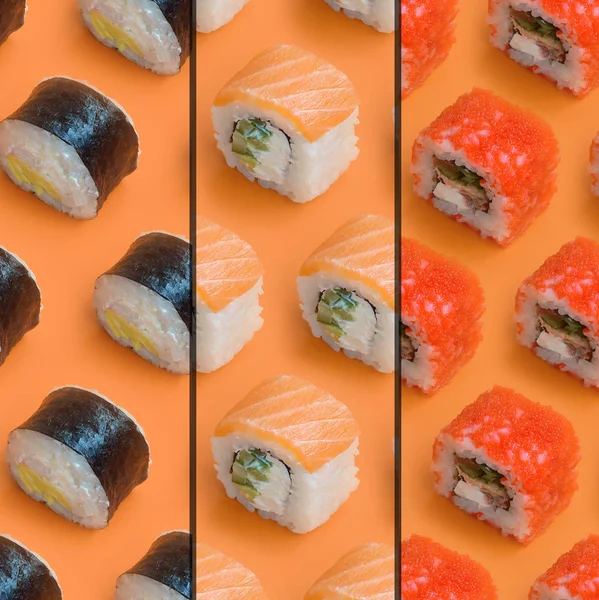 Colagem com diferentes tipos de rolos de sushi asiáticos no fundo laranja. Minimalismo vista superior plano leigos padrão com comida japonesa — Fotografia de Stock