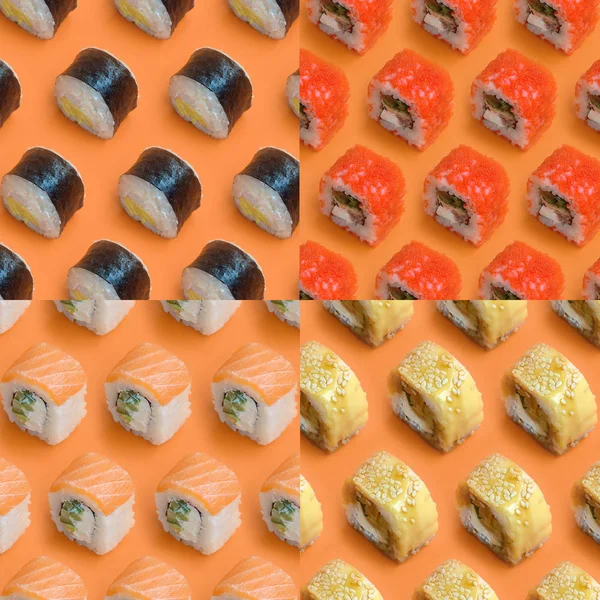 Collage med olika typer av asiatiska sushi rullar på orange bakgrund. Minimalism ovanifrån platt låg mönster med japansk mat — Stockfoto