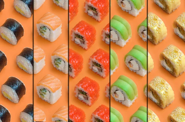 Colagem com diferentes tipos de rolos de sushi asiáticos no fundo laranja. Minimalismo vista superior plano leigos padrão com comida japonesa — Fotografia de Stock