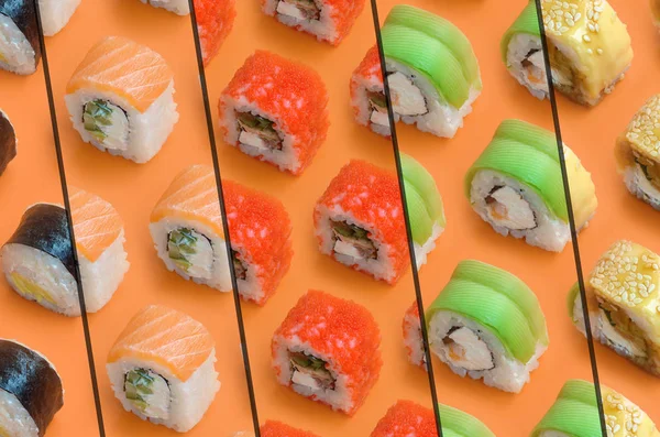 Зіткнення з різними типами азійських суші на помаранчевому тлі. Мінімалізм зверху виглядає пласким з японською їжею. — стокове фото