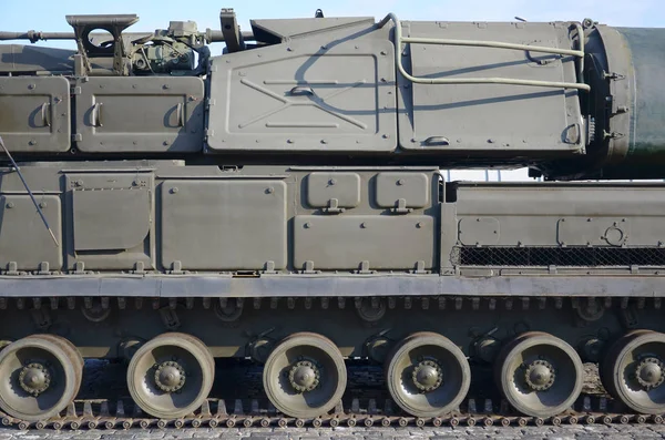 Close up of green armoured caterpillar transport. Modern military transportation vehicle technologies — 스톡 사진