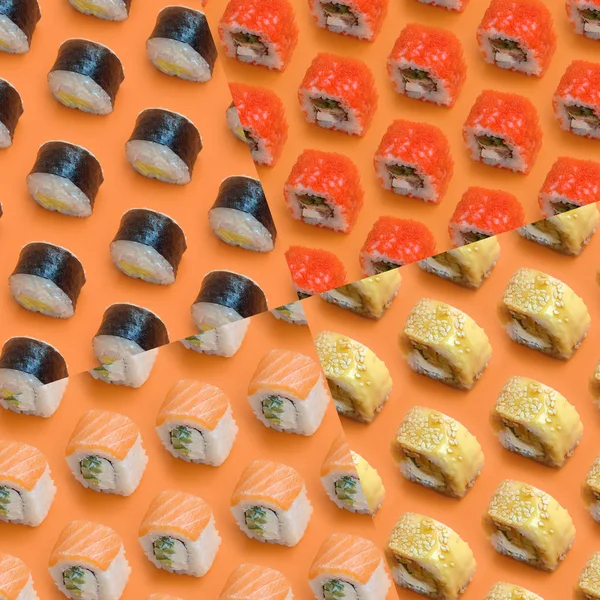 Kolaż z różnymi rodzajami azjatyckich bułek sushi na pomarańczowym tle. Minimalizm top view płaski świecki wzór z japońskim jedzeniem — Zdjęcie stockowe