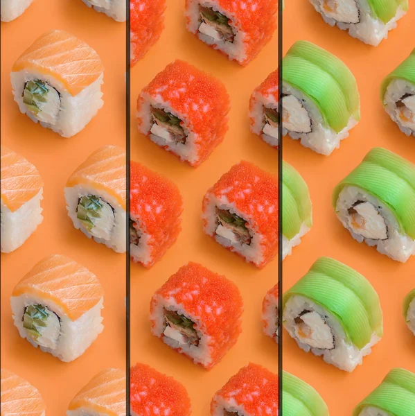 Colagem com diferentes tipos de rolos de sushi asiáticos no fundo laranja. Minimalismo vista superior plano leigos padrão com comida japonesa — Fotografia de Stock