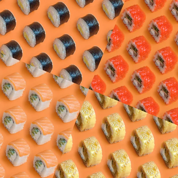 Collage mit verschiedenen asiatischen Sushi-Rollen auf orangefarbenem Hintergrund. Minimalismus von oben flache Lagemuster mit japanischem Essen — Stockfoto