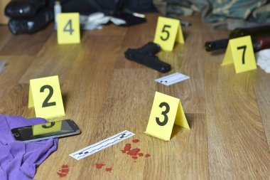 Id tents at crime scene after gunfight indoors. Blood and gun cartridges as evidence on crime scene investigation process clipart