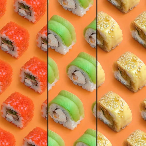 Colagem com diferentes tipos de rolos de sushi asiáticos no fundo laranja. Minimalismo vista superior plano leigos padrão com comida japonesa — Fotografia de Stock