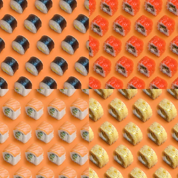 Collage med olika typer av asiatiska sushi rullar på orange bakgrund. Minimalism ovanifrån platt låg mönster med japansk mat — Stockfoto