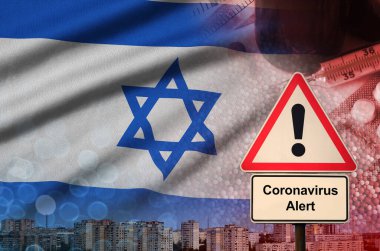 İsrail bayrağı ve Coronavirus 2019-ncov uyarı işareti. Gezgin turistler arasında yeni koronavirüs salgını olma olasılığı yüksek.
