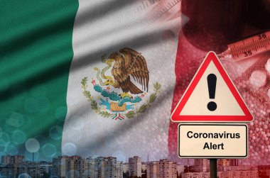 Mexico flag and Coronavirus 2019-nCoV alert sign. Concept of high probability of novel coronavirus outbreak through traveling tourists clipart