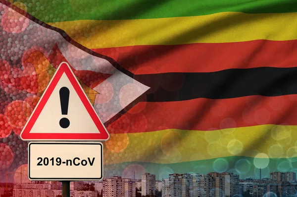 Zimbabwe flag and Coronavirus 2019-nCoV alert sign. Concept of high probability of novel coronavirus outbreak through traveling tourists