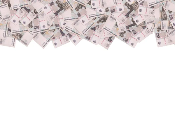 Rostral Kolumna rzeźba i Petropavlosk Forteca na rosyjskim 50 rubli wzór zbliżenie banknotów — Zdjęcie stockowe
