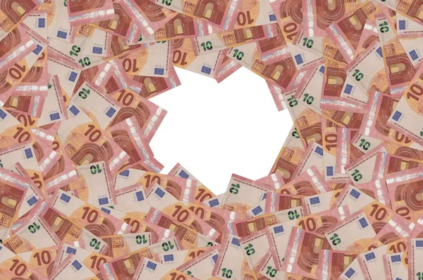 Padrão parte de 10 close-up de notas de euro com pequenos detalhes vermelhos — Fotografia de Stock