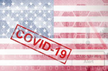 Amerika Birleşik Devletleri bayrağı ve Covid-19 yazıtlı fütüristik dijital soyut kompozisyon. Coronavirüs salgını kavramı