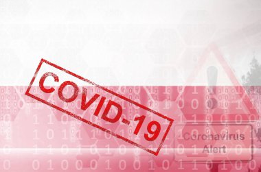 Polonya bayrağı ve Covid-19 yazılı fütüristik dijital soyut kompozisyon. Coronavirüs salgını kavramı