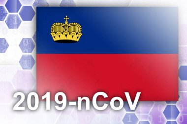 Lihtenştayn bayrağı ve 2019 nCoV yazılı fütüristik dijital soyut kompozisyon. Covid-19 virüs salgını kavramı