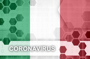 İtalya bayrağı ve Coronavirus yazıtlı fütüristik dijital soyut kompozisyon. Covid-19 virüs salgını kavramı