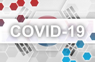 Güney Kore bayrağı ve Covid-19 beyaz yazıtlı fütürist dijital soyut kompozisyon. Coronavirüs salgını kavramı