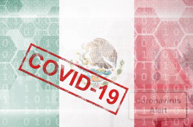 Mexico flag and futuristic digital abstract composition with Covid-19 inscription. Coronavirus outbreak concept clipart