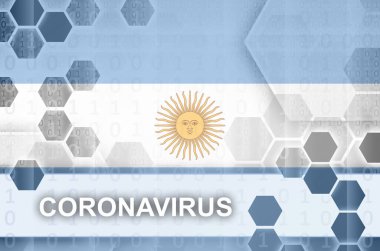Arjantin bayrağı ve Coronavirus yazıtlı fütüristik dijital soyut kompozisyon. Covid-19 virüs salgını kavramı