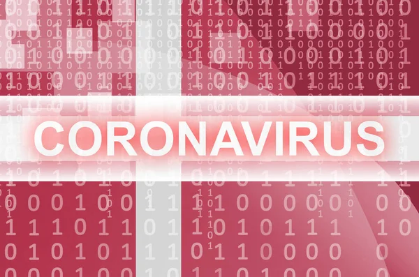 デンマークの旗とコロナウイルス白碑文と未来的なデジタル抽象的な組成 Covid 19ウイルス感染の概念 — ストック写真