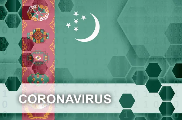 土库曼斯坦国旗和带有Coronavirus题词的未来主义数字抽象构图 Covid 19病毒爆发概念 — 图库照片