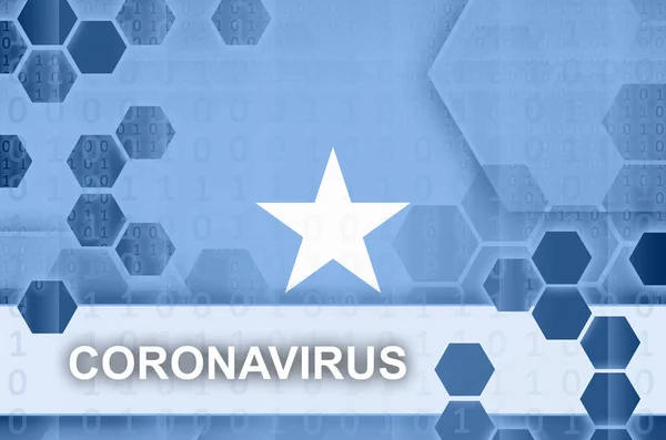 ソマリアの旗とコロナウイルスの碑文と未来的なデジタル抽象的な組成物 Covid 19ウイルス感染の概念 — ストック写真