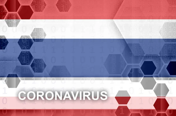 Thailand Flagga Och Futuristisk Digital Abstrakt Sammansättning Med Coronavirus Inskription — Stockfoto