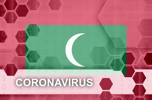 Malediven Vlag Futuristische Digitale Abstracte Compositie Met Coronavirus Inscriptie Covid — Stockfoto