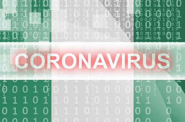 ナイジェリアの旗とコロナウイルス白碑文と未来的なデジタル抽象的な組成 Covid 19ウイルス感染の概念 — ストック写真