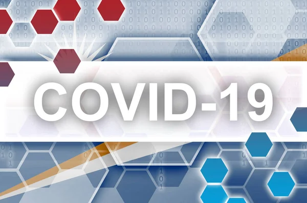 Marshall Islands flag and futuristic digital abstract composition with Covid-19 white inscription. Coronavirus outbreak concept