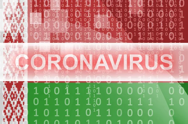 ベラルーシの旗とコロナウイルス白碑文と未来的なデジタル抽象的な組成 Covid 19ウイルス感染の概念 — ストック写真