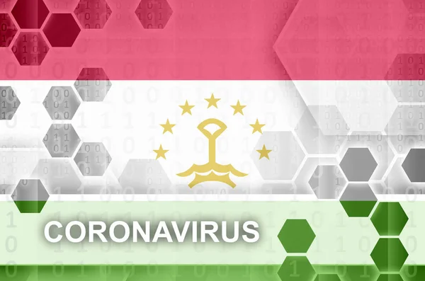 Tadschikistan Flagge Und Futuristische Digitale Abstrakte Komposition Mit Coronavirus Inschrift — Stockfoto