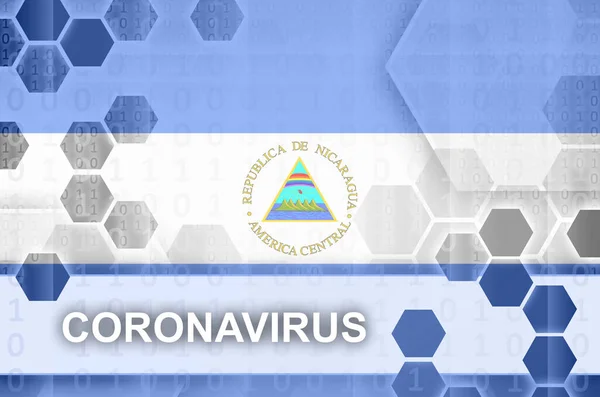 Nikaragujská Vlajka Futuristická Digitální Abstraktní Kompozice Nápisem Coronavirus Covid Virus — Stock fotografie