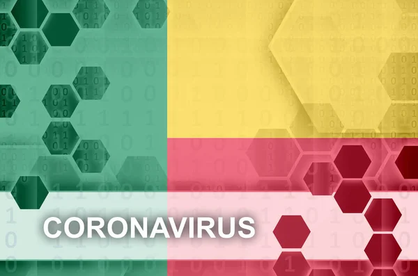 ベナンフラグとコロナウイルスの碑文と未来的なデジタル抽象的な組成 Covid 19ウイルス感染の概念 — ストック写真