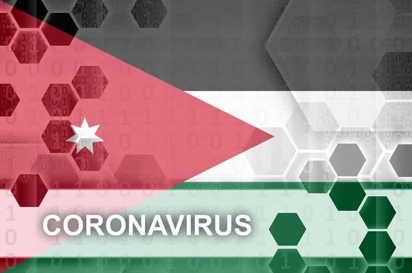Jordan flag and futuristic digital abstract composition with Coronavirus inscription. Covid-19 virus outbreak concept