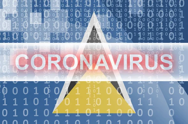 セントルシアの旗とコロナウイルス白碑文と未来的なデジタル抽象的な組成物 Covid 19ウイルス感染の概念 — ストック写真