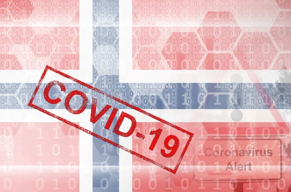 Norway flag and futuristic digital abstract composition with Covid-19 inscription. Coronavirus outbreak concept