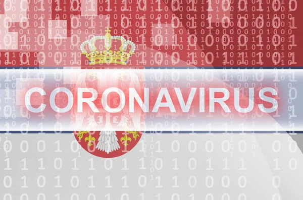 Bandiera Serba Futuristica Composizione Astratta Digitale Con Iscrizione Bianca Coronavirus — Foto Stock