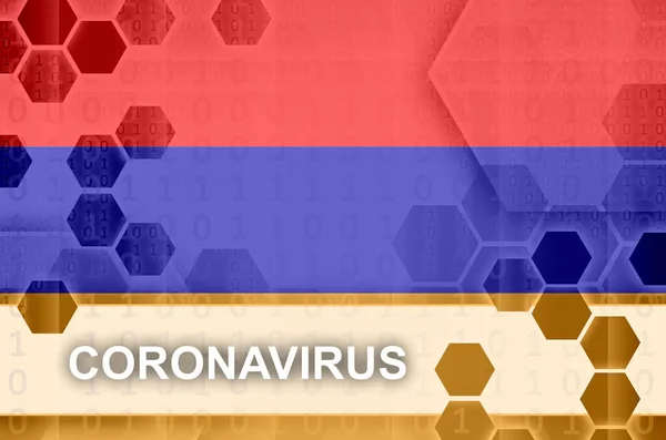 Flaga Armenii Futurystyczna Cyfrowa Abstrakcyjna Kompozycja Napisem Coronavirus Koncepcja Wybuchu — Zdjęcie stockowe