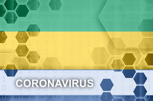Gabon Flag Futuristic Digital Abstract Composition Coronavirus Inscription Covid Virus — Stock Photo, Image