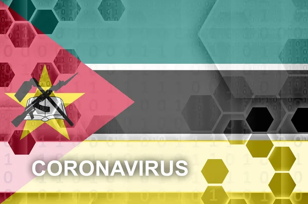 Bandiera Mozambicana Futuristica Composizione Astratta Digitale Con Iscrizione Coronavirus Concetto — Foto Stock