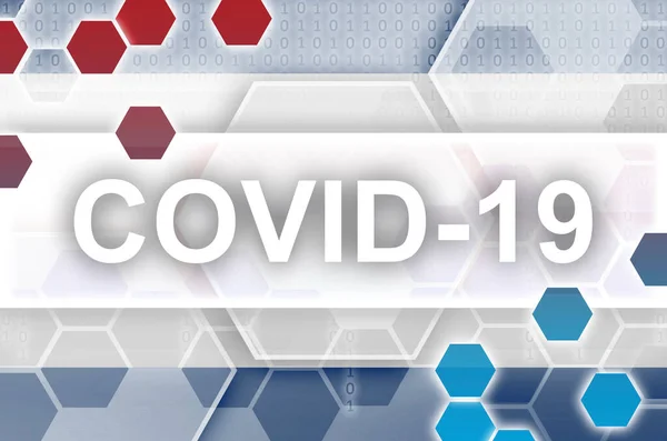 Costa Rica flag and futuristic digital abstract composition with Covid-19 white inscription. Coronavirus outbreak concept