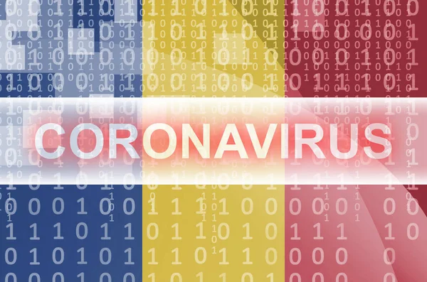 Roemenië Vlag Futuristische Digitale Abstracte Compositie Met Coronavirus Witte Inscriptie — Stockfoto